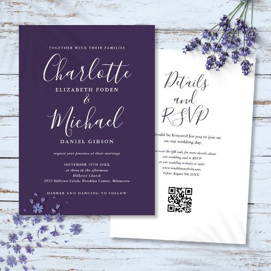 Invitation Élégant mariage code QR moderne violet écriture