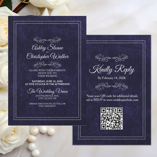 Invitation Élégant Mariage code QR noir blanc poussiéreux