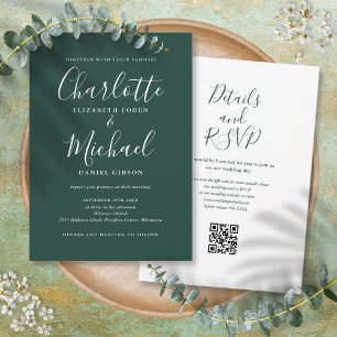 Invitation Élégant mariage code QR vert émeraude Script