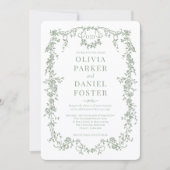 Invitation Élégant Mariage Code QR Vert Sauge Victorien (Devant)