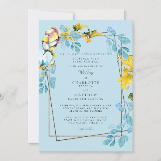 Invitation Élégant Mariage coloré bleu et jaune (Devant)