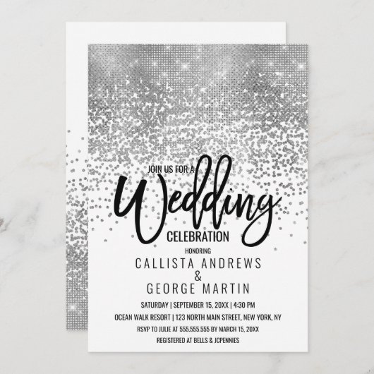 Invitation Élégant Mariage Confetti Parties scintillant argen (Devant / Derrière)