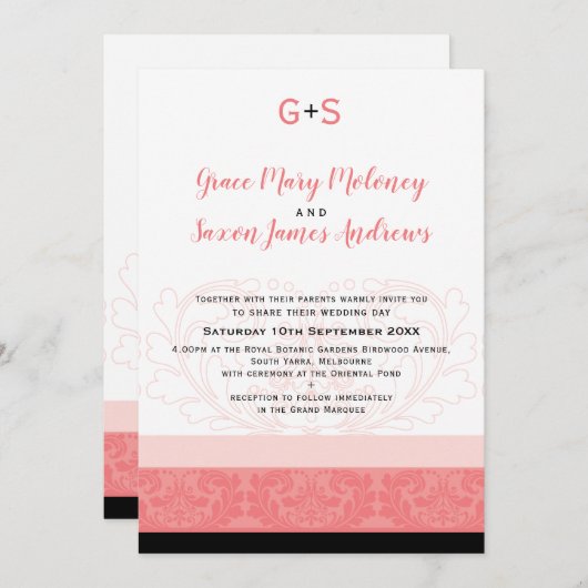 Invitation ÉLÉGANT MARIAGE corail fleuri détails monogramme (Devant / Derrière)