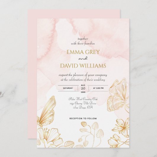 Invitation Elégant Mariage couleur or rose vif (Devant / Derrière)