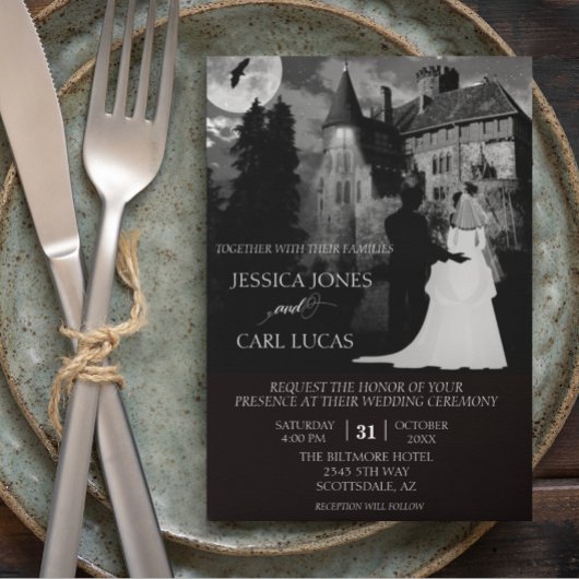 Invitation Elégant mariage couple Halloween Castle House