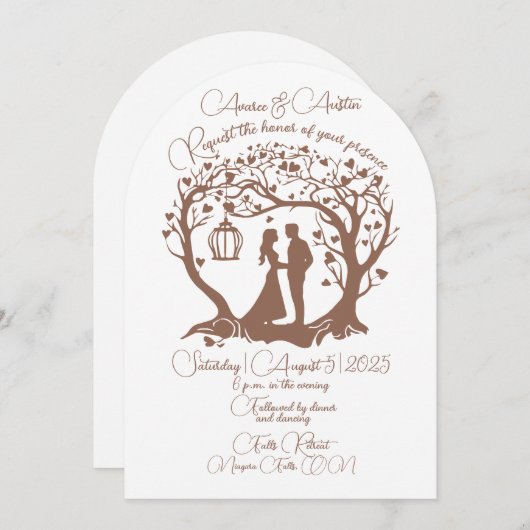 Invitation Elégant Mariage Couple Tree encadré Brown (Devant / Derrière)