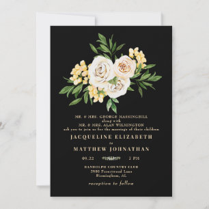 Invitation Élégant Mariage Crème Fleurs de Pivoines Noire