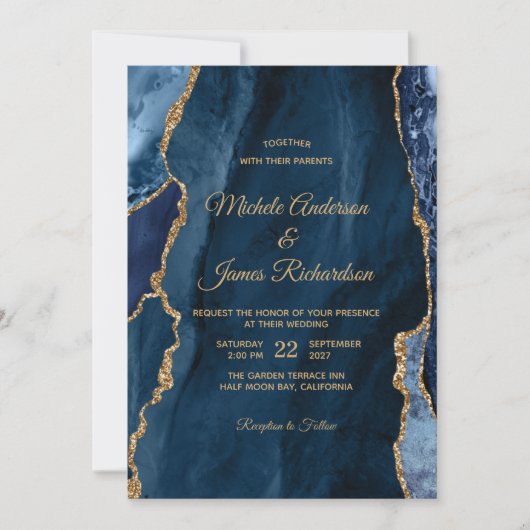 Invitation Élégant Mariage d'agate d'or bleu marine (Devant)