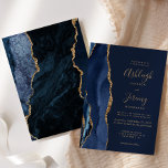 Invitation Élégant Mariage d'âge or bleu marine<br><div class="desc">Le bord gauche de cette élégante faire-part de mariage moderne est orné d'une bordure en aquarelle bleu marine ornée d'une parties scintillant en faux or. Le texte personnalisable combine écriture manuscrite couleur or, cuivre et polices italiques sur un arrière - plan bleu marine. L'envers est assorti d'un design d'agate bleu...</div>