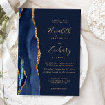 Invitation Élégant Mariage d'âge or bleu marine<br><div class="desc">Le bord gauche de cette élégante faire-part de mariage moderne est orné d'une bordure en aquarelle bleu marine ornée d'une parties scintillant en faux or. Le texte personnalisable combine écriture manuscrite couleur or, cuivre et polices italiques sur un arrière - plan bleu marine. L'envers est assorti d'un design d'agate bleu...</div>