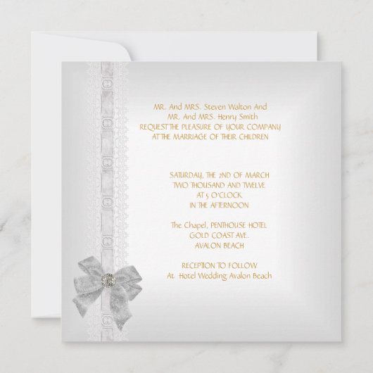 Invitation Elégant Mariage Damask Argent Blanc Bow Set (Dos)