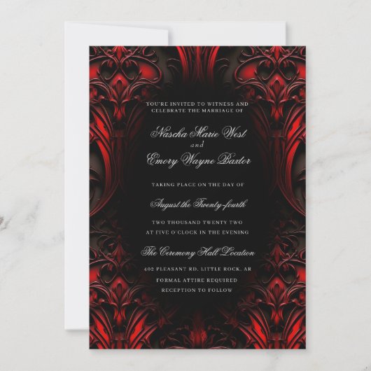 Invitation Elégant Mariage damassé gothique rouge et noir (Devant)