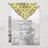 Invitation Elégant Mariage damassé gris jaune (Devant / Derrière)