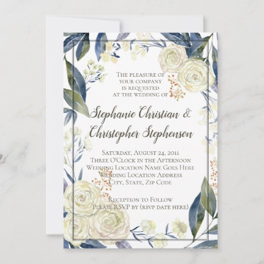 Invitation Elégant Mariage d'aquarelle bleu crème (Devant)