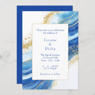 Invitation Elégant Mariage d'aquarelle bleu et or