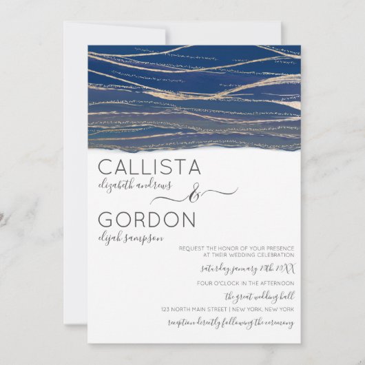 Invitation Elégant Mariage d'aquarelle bleu marine (Devant)