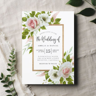 Invitation Élégant Mariage d'aquarelle couleur blanche et ros