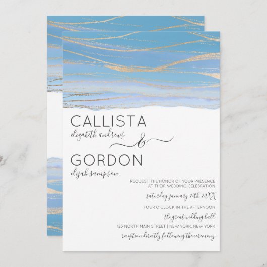 Invitation Elégant Mariage d'aquarelle doré bleu ciel (Devant / Derrière)