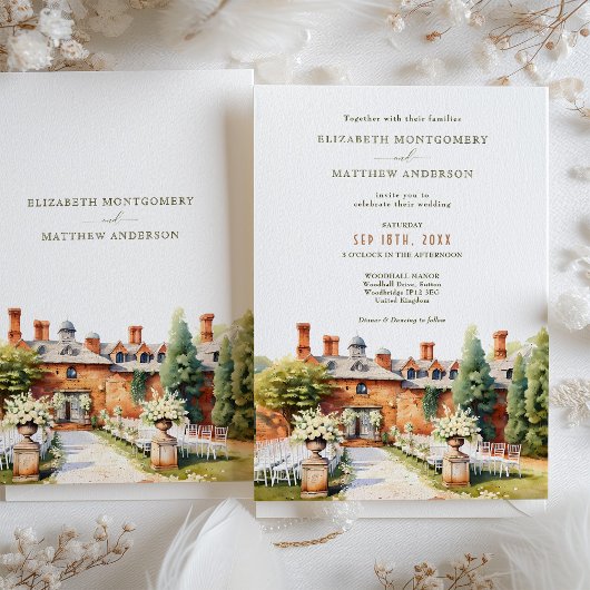 Invitation Élégant Mariage d'aquarelle du manoir de bois