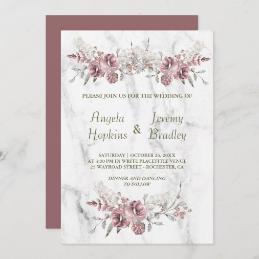 Invitation Elégant Mariage d'aquarelle en marbre floral (Devant / Derrière)