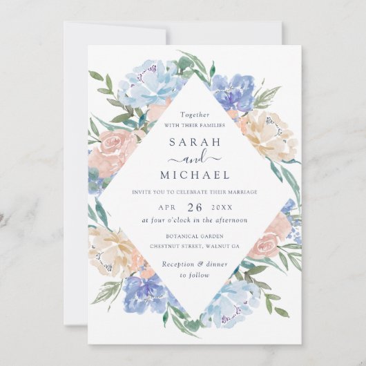 Invitation Elégant Mariage d'aquarelle floral Blue Blush Fram (Devant)