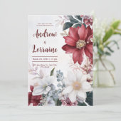 Invitation Elégant Mariage d'aquarelle florale bordeaux & bla (Debout devant)