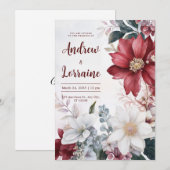 Invitation Elégant Mariage d'aquarelle florale bordeaux & bla (Devant / Derrière)