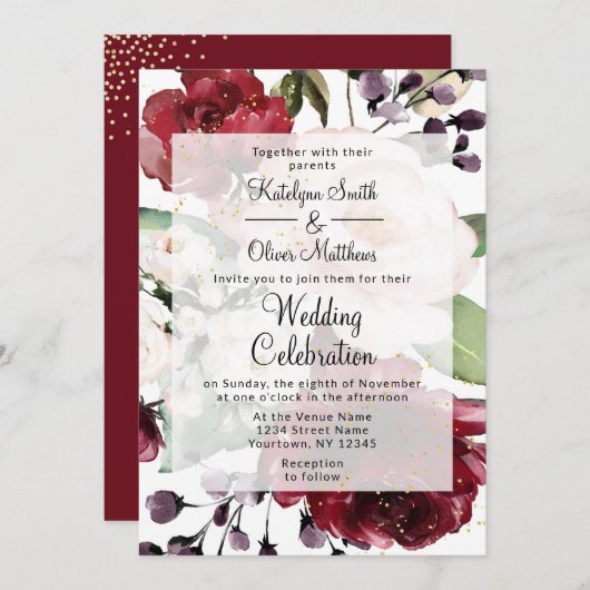 Invitation Elégant Mariage d'aquarelle florale bordeaux & or (Devant / Derrière)