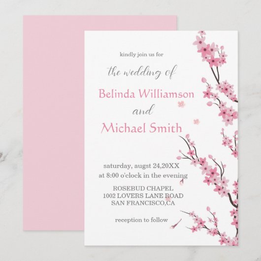 Invitation Elégant Mariage d'aquarelle florale cerise en fleu (Devant / Derrière)