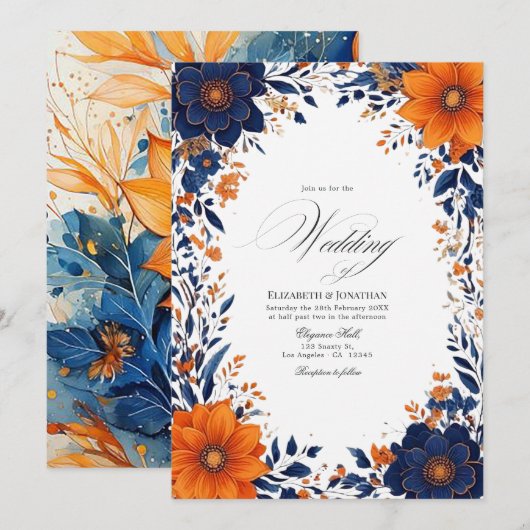 Invitation Elégant Mariage d'aquarelle marine et orange (Devant / Derrière)