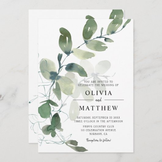Invitation Elégant Mariage d'aquarelle moderne Eucalyptus (Devant / Derrière)