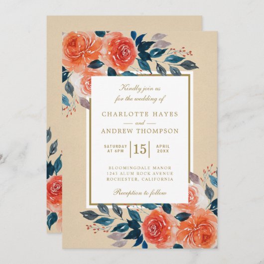 Invitation Elégant Mariage d'aquarelle orange (Devant / Derrière)