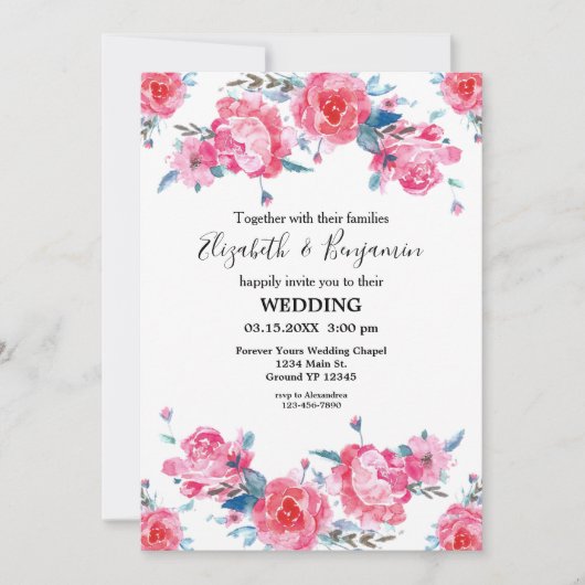 Invitation Élégant Mariage d'aquarelle rose (Devant)