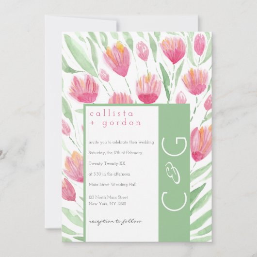 Invitation Élégant Mariage d'aquarelle rose vert Tulip Floral (Devant)