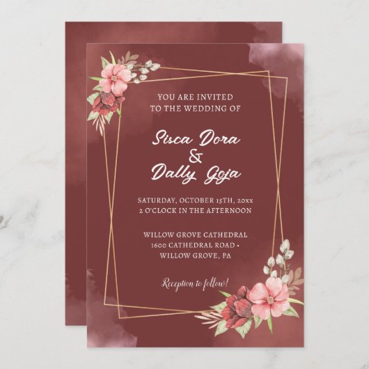 Invitation Elégant Mariage d'aquarelle rouge et blanc (Devant / Derrière)