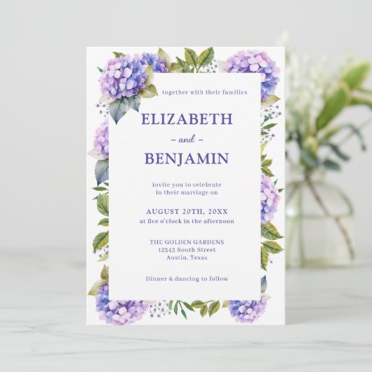 Invitation Élégant Mariage d'aquarelle violet hydrangée (Debout devant)