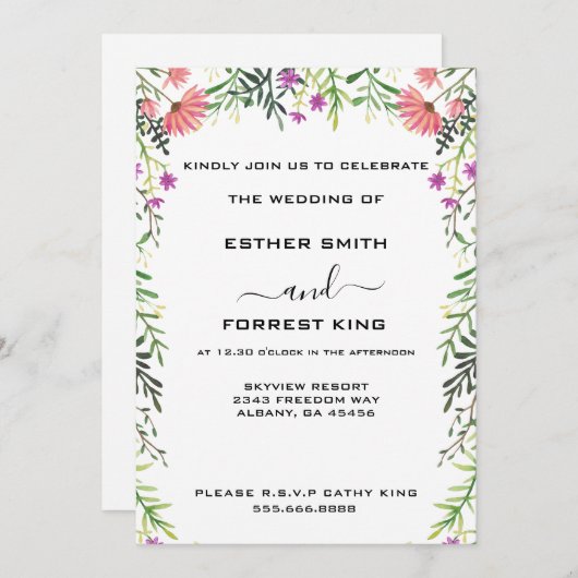 Invitation Élégant Mariage d'arbor rose et vert fleuri (Devant / Derrière)