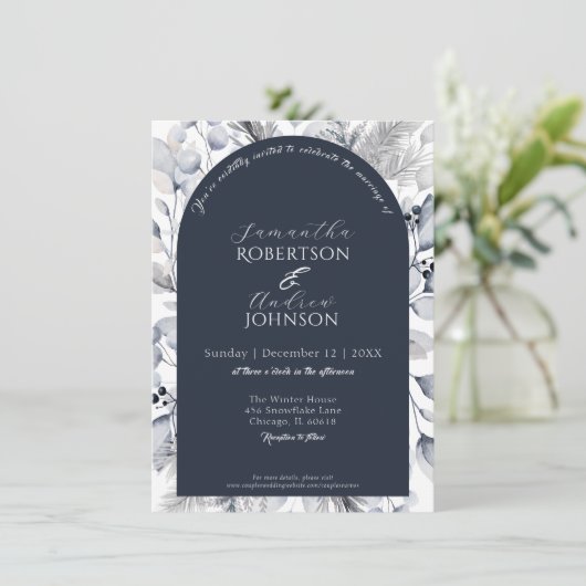 Invitation Élégant Mariage d'arc botanique bleu de la Marine (Debout devant)