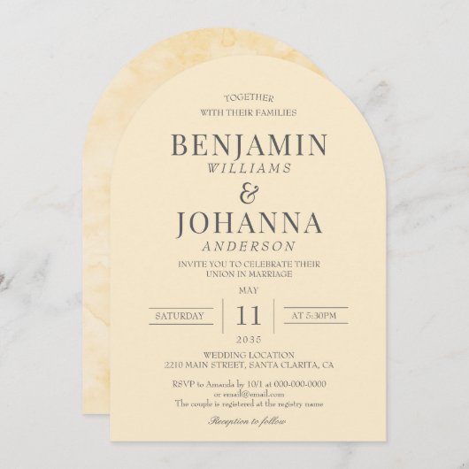 Invitation Élégant Mariage d'arc jaune beurre (Devant / Derrière)