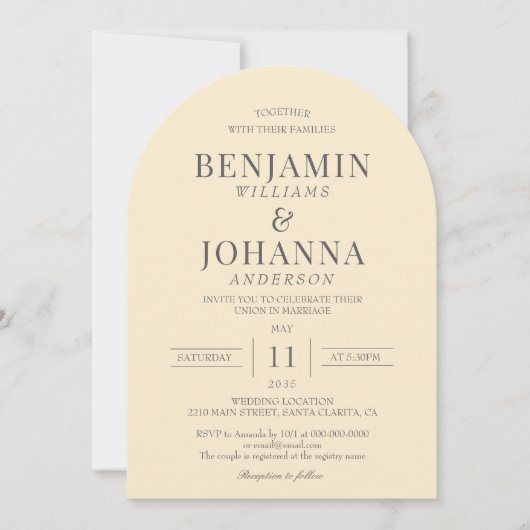 Invitation Élégant Mariage d'arc jaune beurre (Devant)