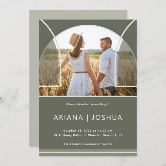 Invitation Élégant Mariage d'arc photo Olive (Devant / Derrière)