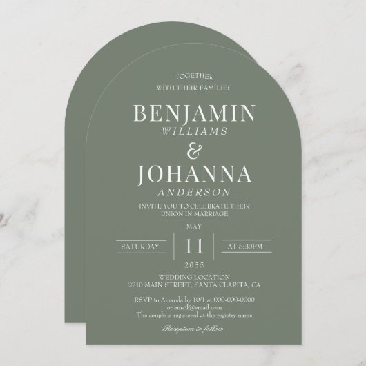 Invitation Élégant Mariage d'arc vert de mousse (Devant / Derrière)