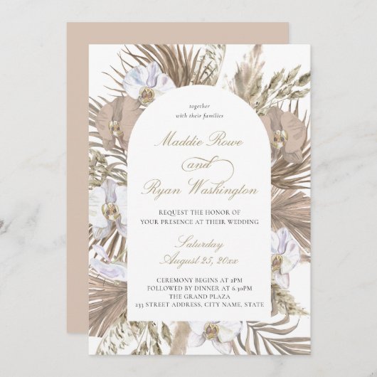 Invitation Élégant Mariage d'arche florale Pampas Boho Rose B (Devant / Derrière)