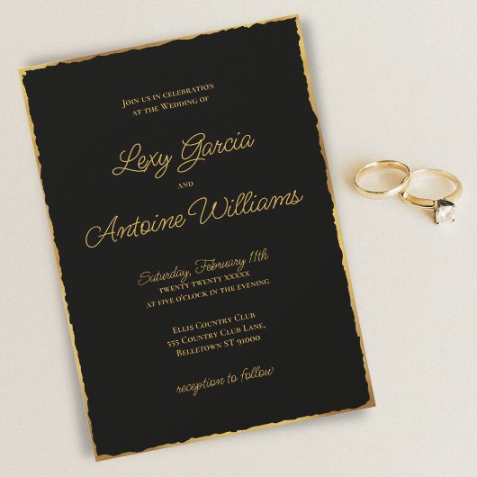 Invitation Elégant Mariage d'arête Noir Luxe Or Simple