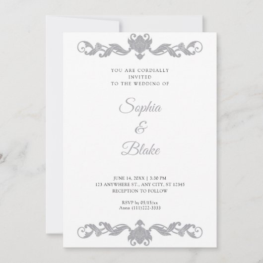 Invitation Elégant Mariage d'argent et d'art déco blanc (Devant)