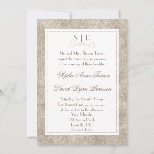 Invitation Elégant mariage d'argent et de frontière blanche (Devant)