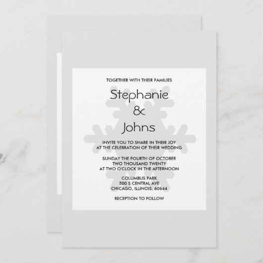 Invitation Élégant Mariage d'argent gris blanc gris flocon d' (Devant / Derrière)