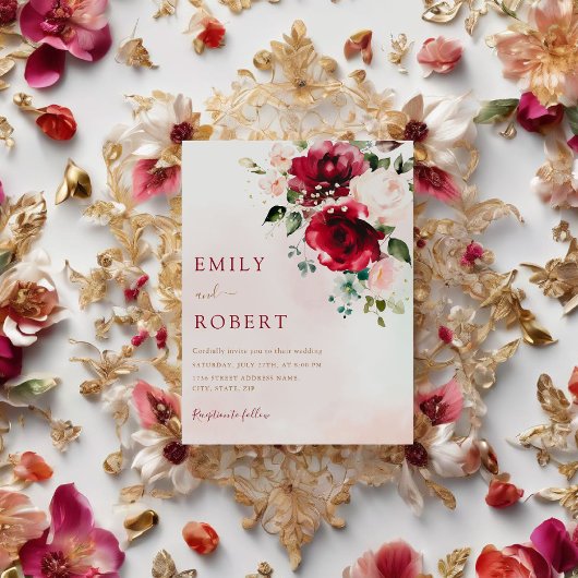 Invitation Elégant Mariage de Boho Floral Bourgogne