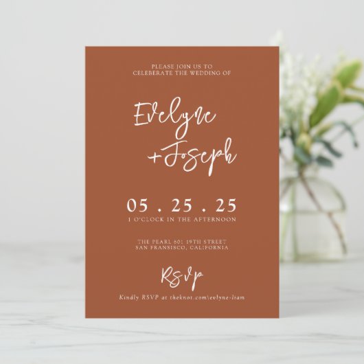 Invitation Élégant Mariage de Boho Orange Brûlé (Debout devant)
