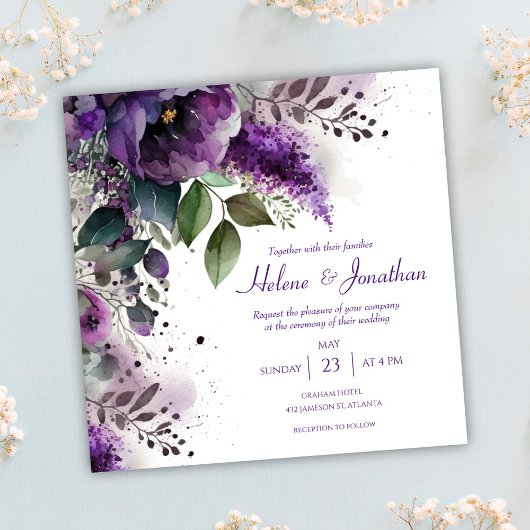 Invitation Elégant Mariage de Boho violet Floral
